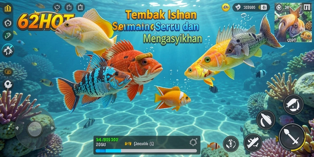 Tangkapan layar gameplay 62HOT dengan aksi Tembak Ikan yang seru.
