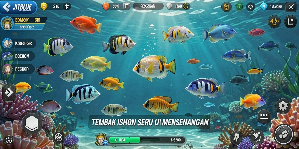 Screenshot JTBLUE menampilkan aksi seru dalam permainan Tembak Ikan.
