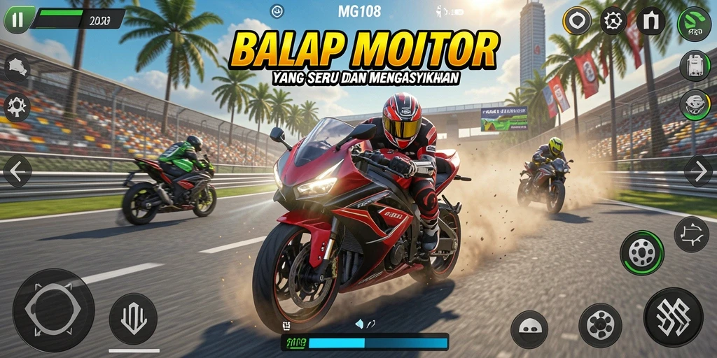 Gameplay seru MG108 dengan motor cepat di lintasan balap.