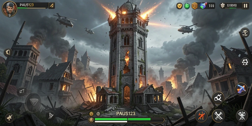 Tampilan gameplay seru dari PAUS123 dengan menara pertahanan yang megah.