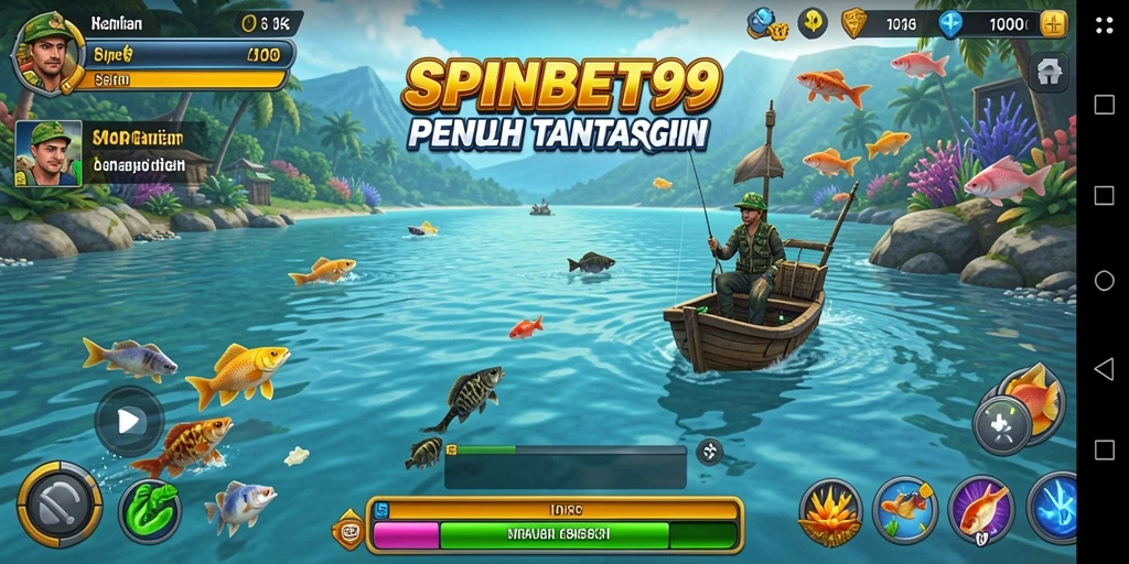 Tampilan gameplay SPINBET99 dengan berbagai lokasi memancing yang menarik.