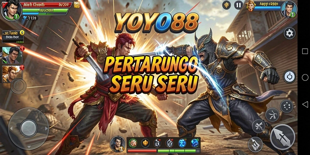 Screenshot menunjukkan pertarungan epik dengan karakter bertarung.